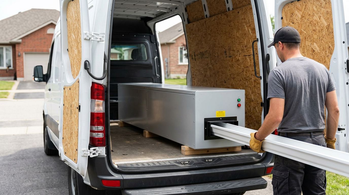 Van-mounted portable roll-forming machine producing a continuous seamless aluminum gutter in a driveway