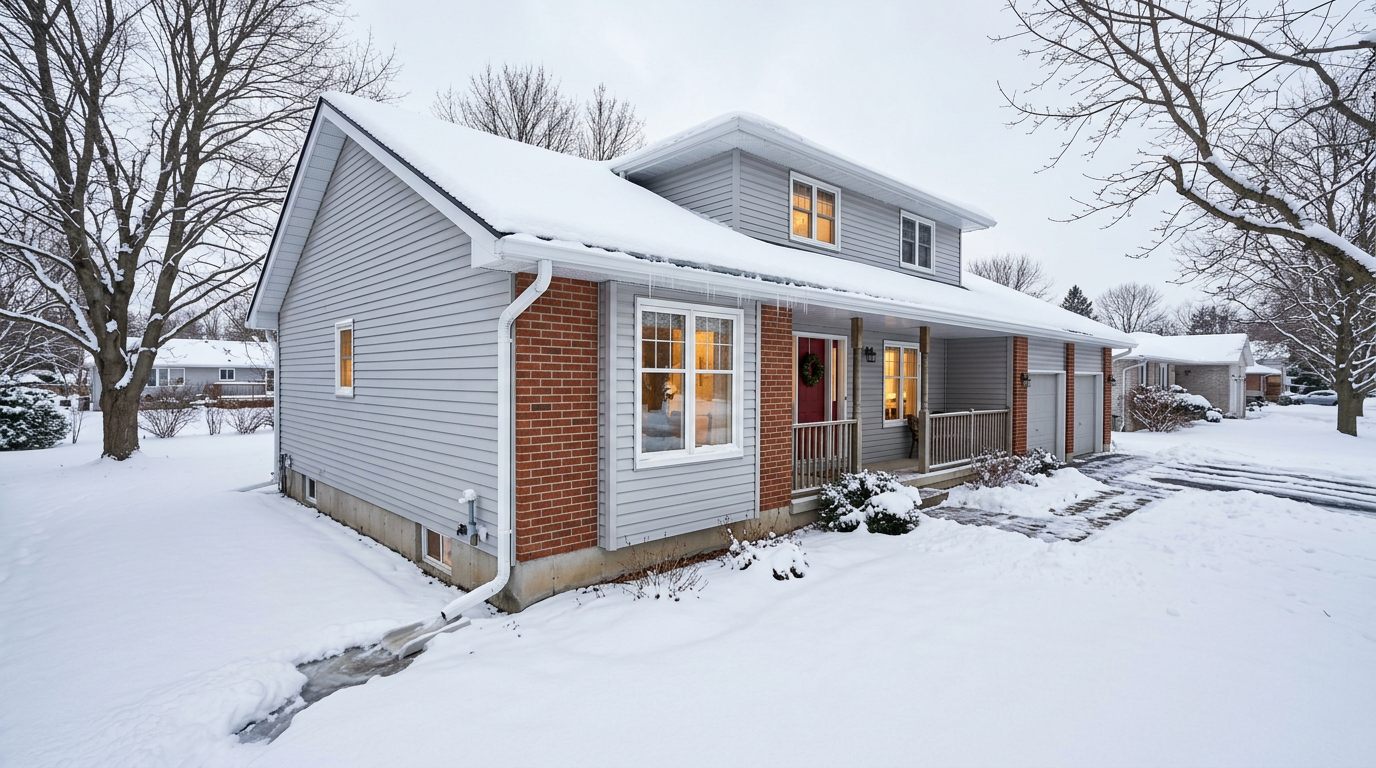 Seamless gutters performing through Ontario winter with snow on the roof