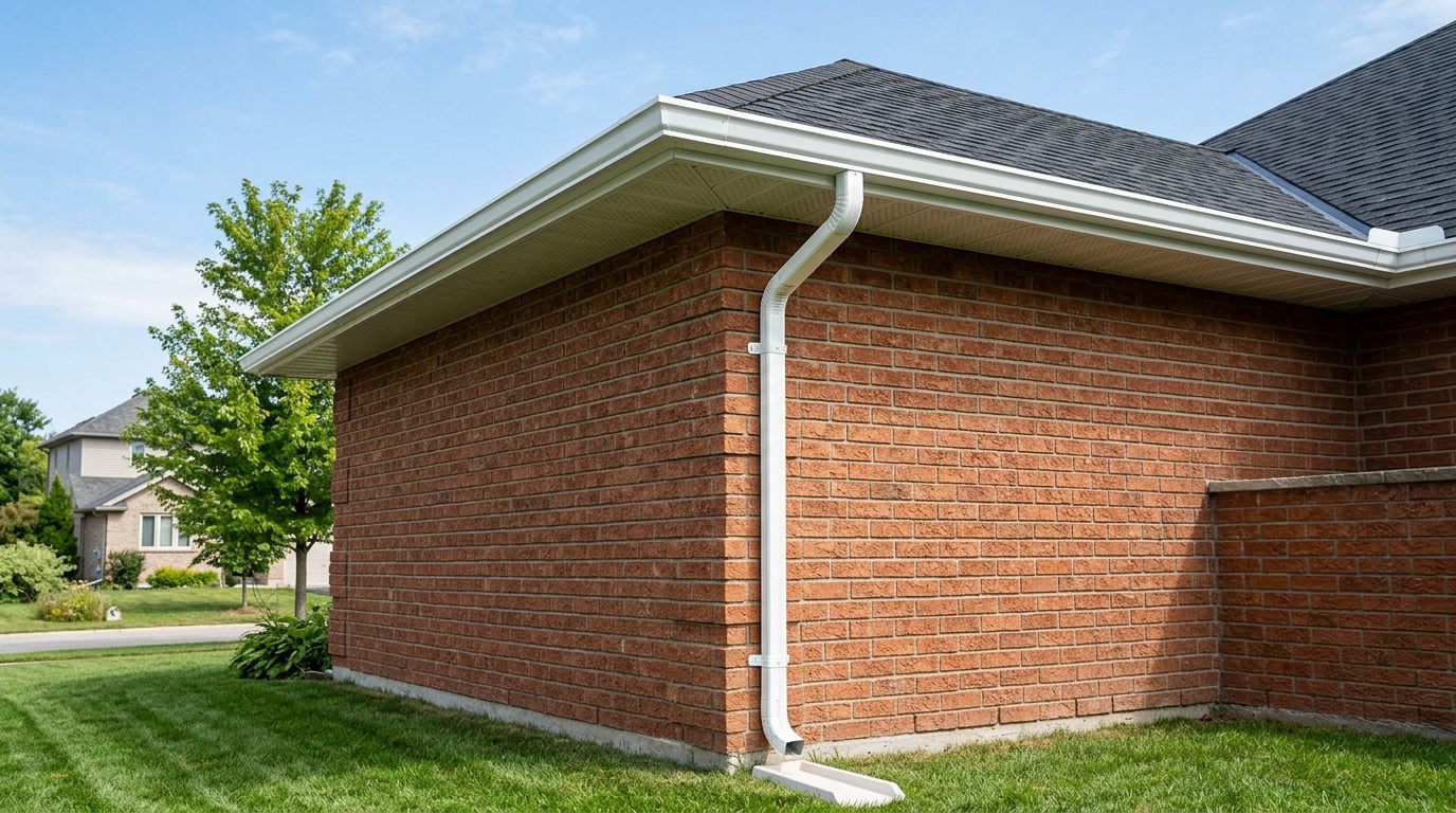 Clean white K-style aluminum seamless gutter and downspout installed on an Ontario brick home