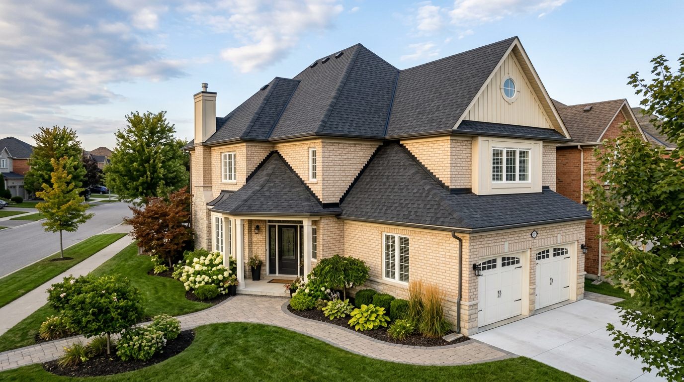 Ontario residential home with newly installed architectural shingle roof in charcoal grey
